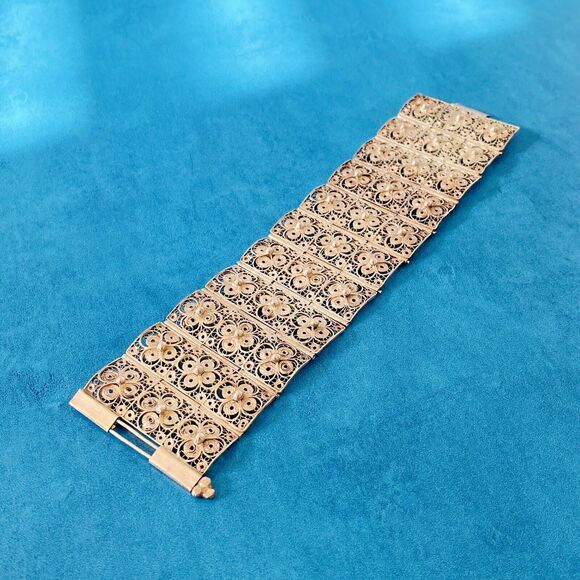 Vintage Wide Filigree Silver Bracelet Intricate Tile Design 1 3/4" W 7" L - Picture 3 of 9